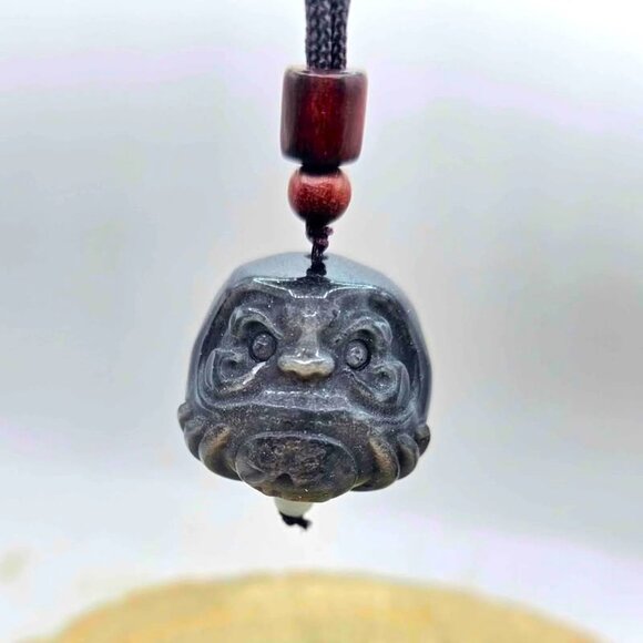 Nature Silver Obsidian Cat Eye Flash Daruma Doll Pendant Necklace - Picture 8 of 10